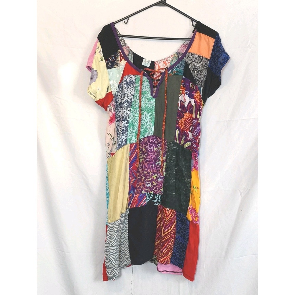 Peaceful People Boho Patchwork mini dress Festival indie hippie upcycled L/XL